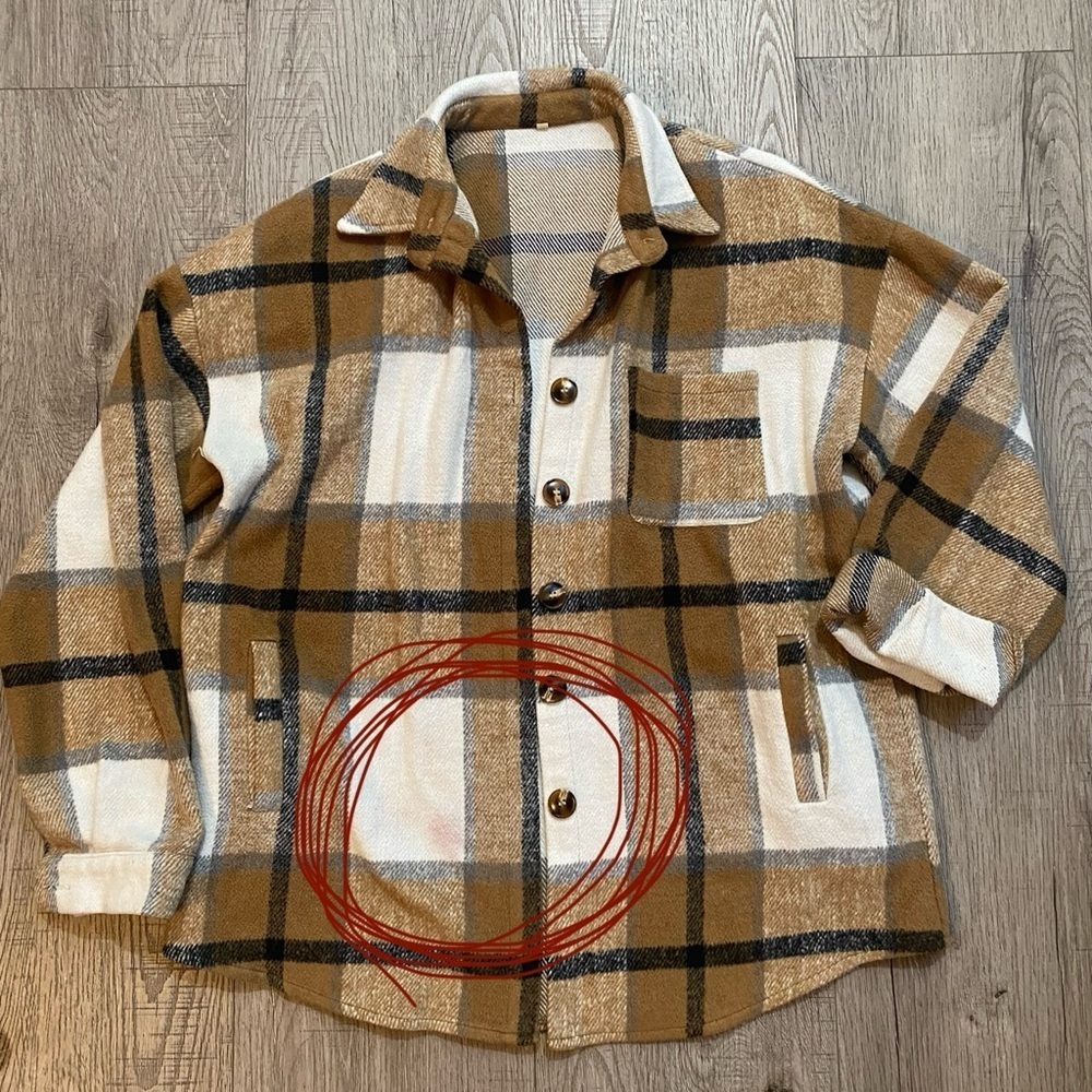 Women’s Tan Black Ivory Button Up Plaid Shacket, L or Large - Picture 11 of 11
